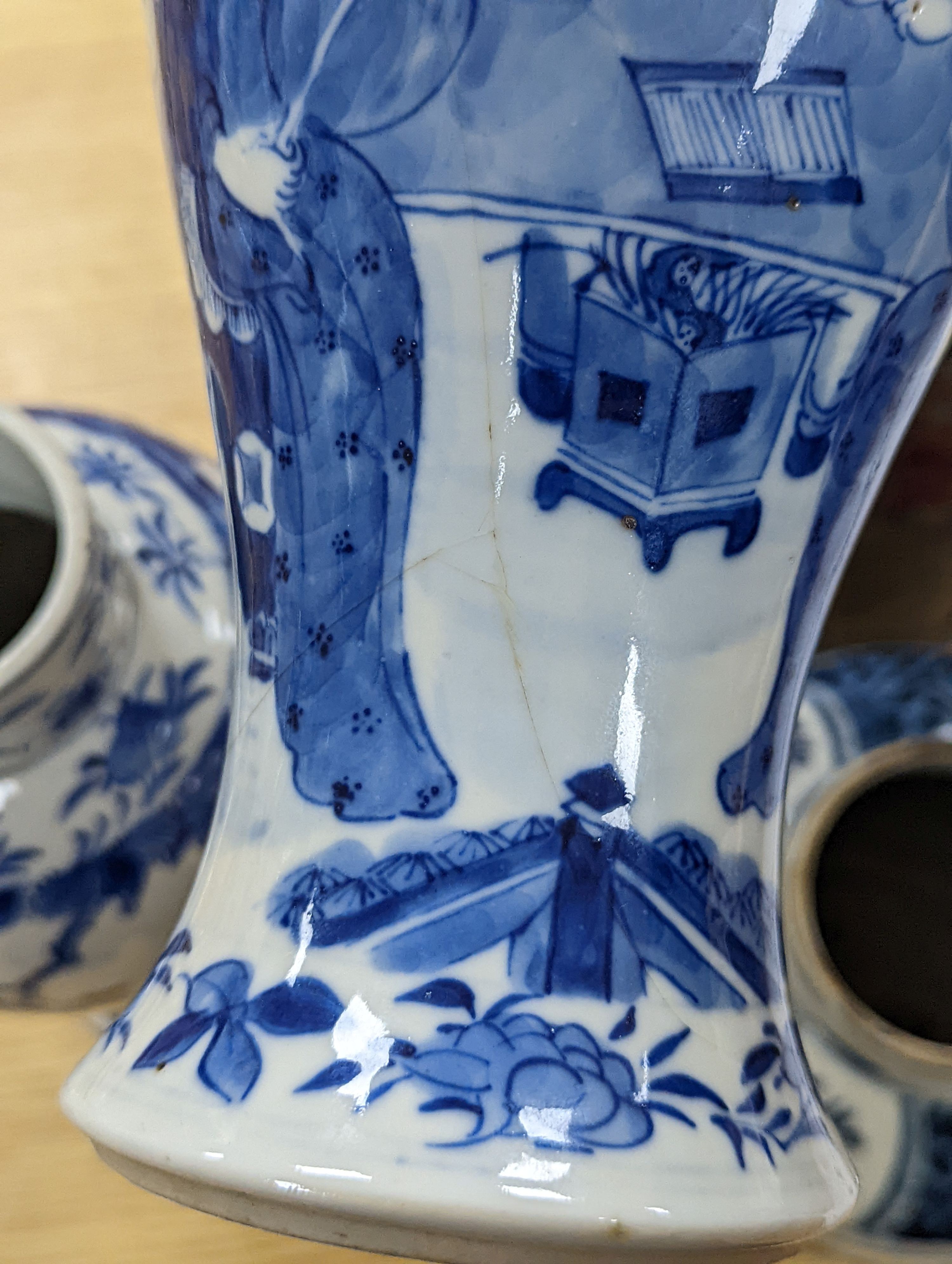 A pair of Chinese blue and white ‘boys’ baluster vases and a Chinese blue and white jar, 19th-century and later 27cm